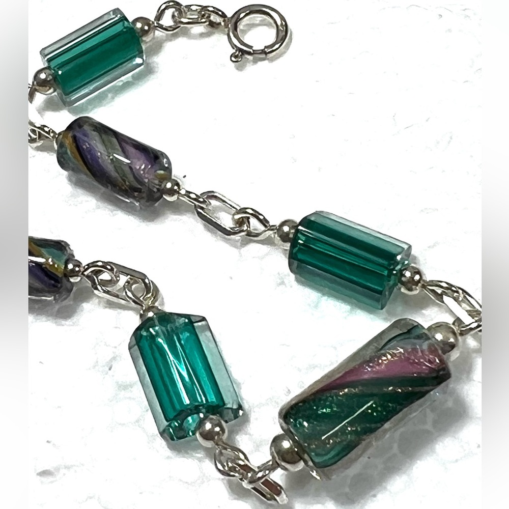 LAMPWORK MORANO BARREL BRACELET STERLING SILVER GREEN PINK PURPLE